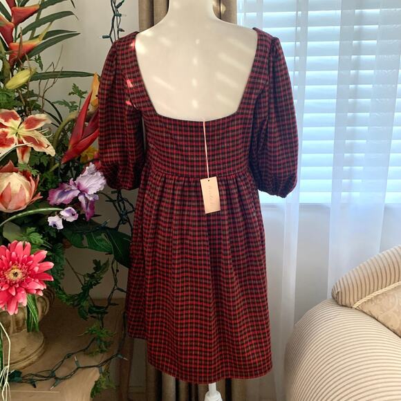 Hutch Square Neck Puff Sleeve Checker Plaid Mini Dress in Red Multi - Picture 6 of 8